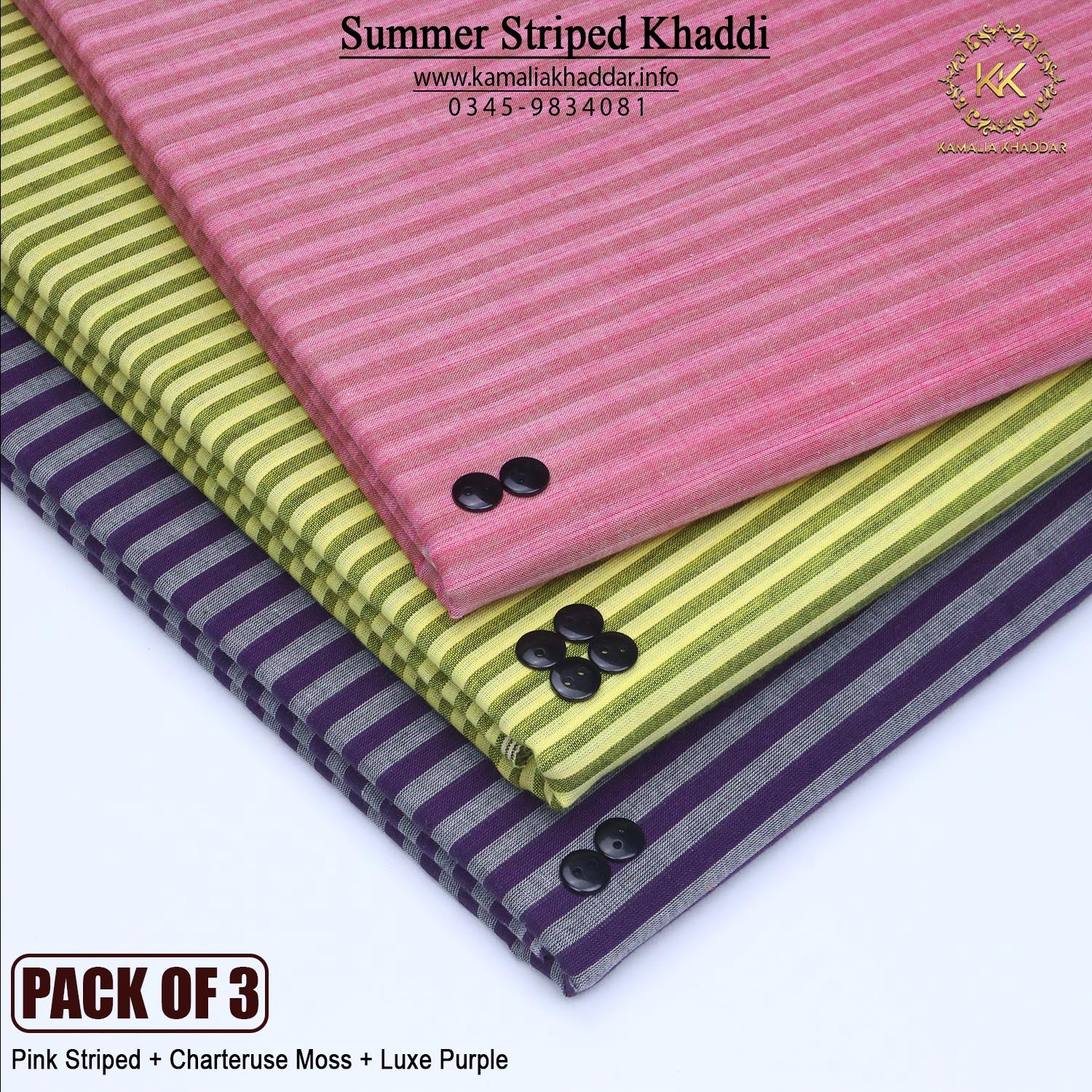 PACK OF 3 (Striped Pink+Chartereuse Moss+Luxe Purple)